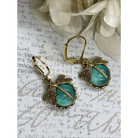 Gold plate Iridescent Dragonfly Wire Green Earrings Fall Gift Mom Birthday Wife - Picture 2 of 15